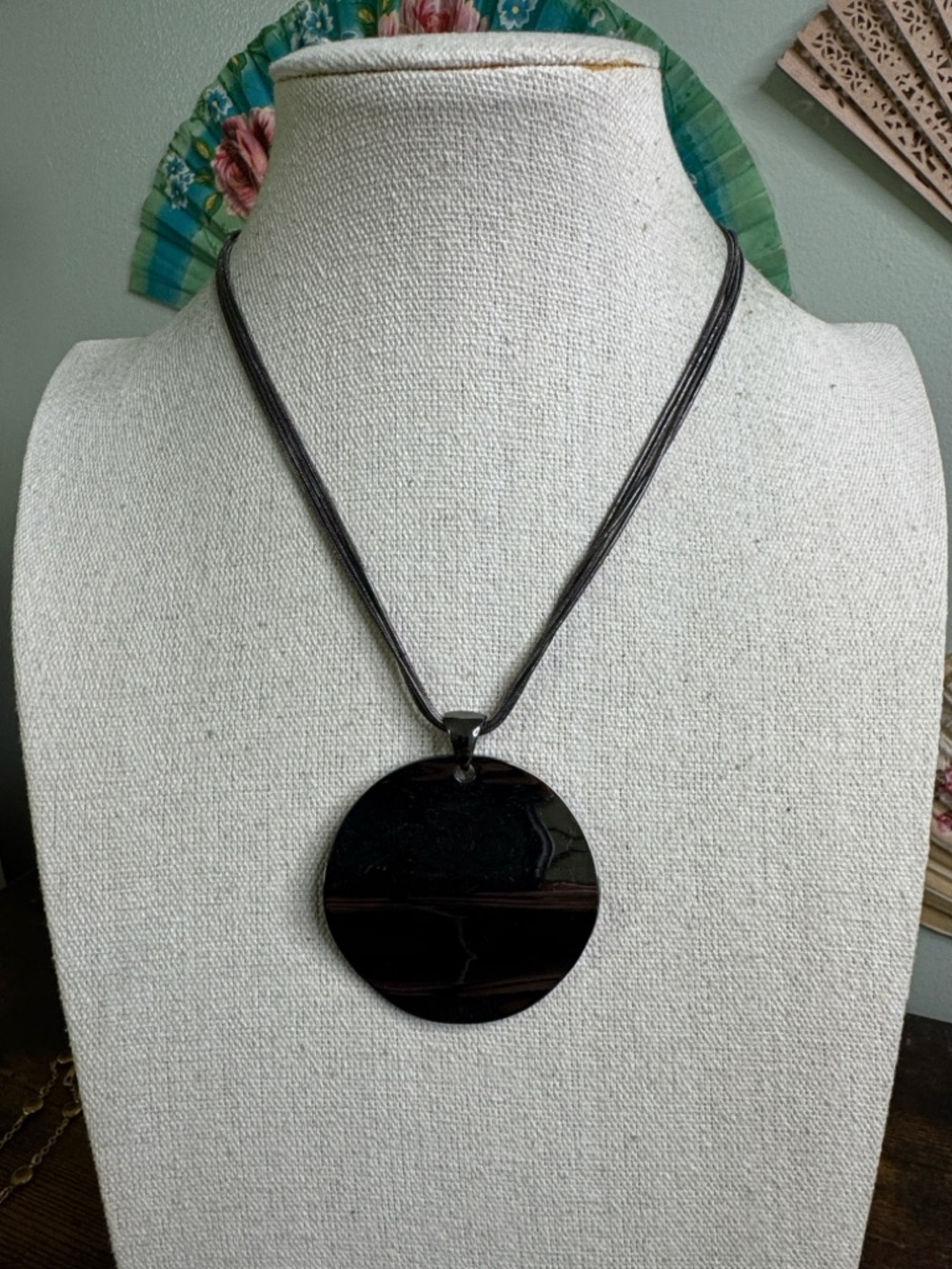 Round Black Pendant Necklace on Multi-Strand Chain - Gun Metal